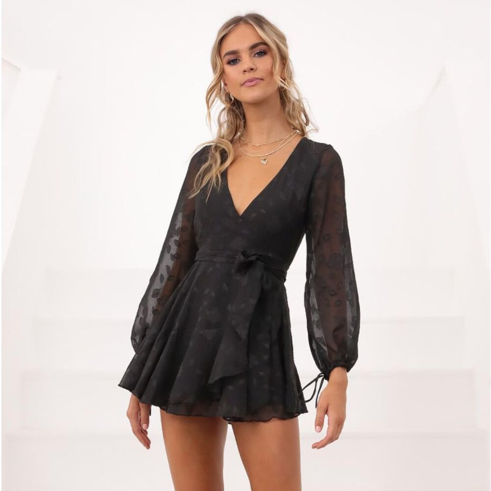 Lucy in the Sky Ruffle Wrap Dress in Black Floral - Size S